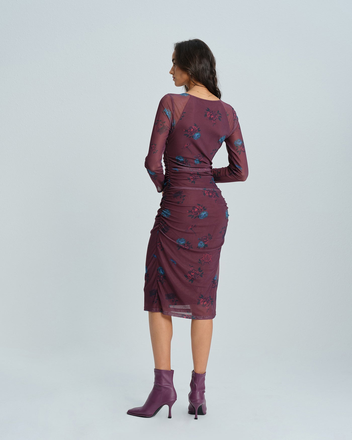 Floral Midi Dress with Purple V-Neck