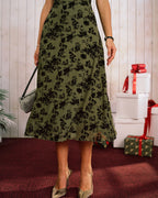 Floral Green A-Line Midi Dress with Cap Sleeves