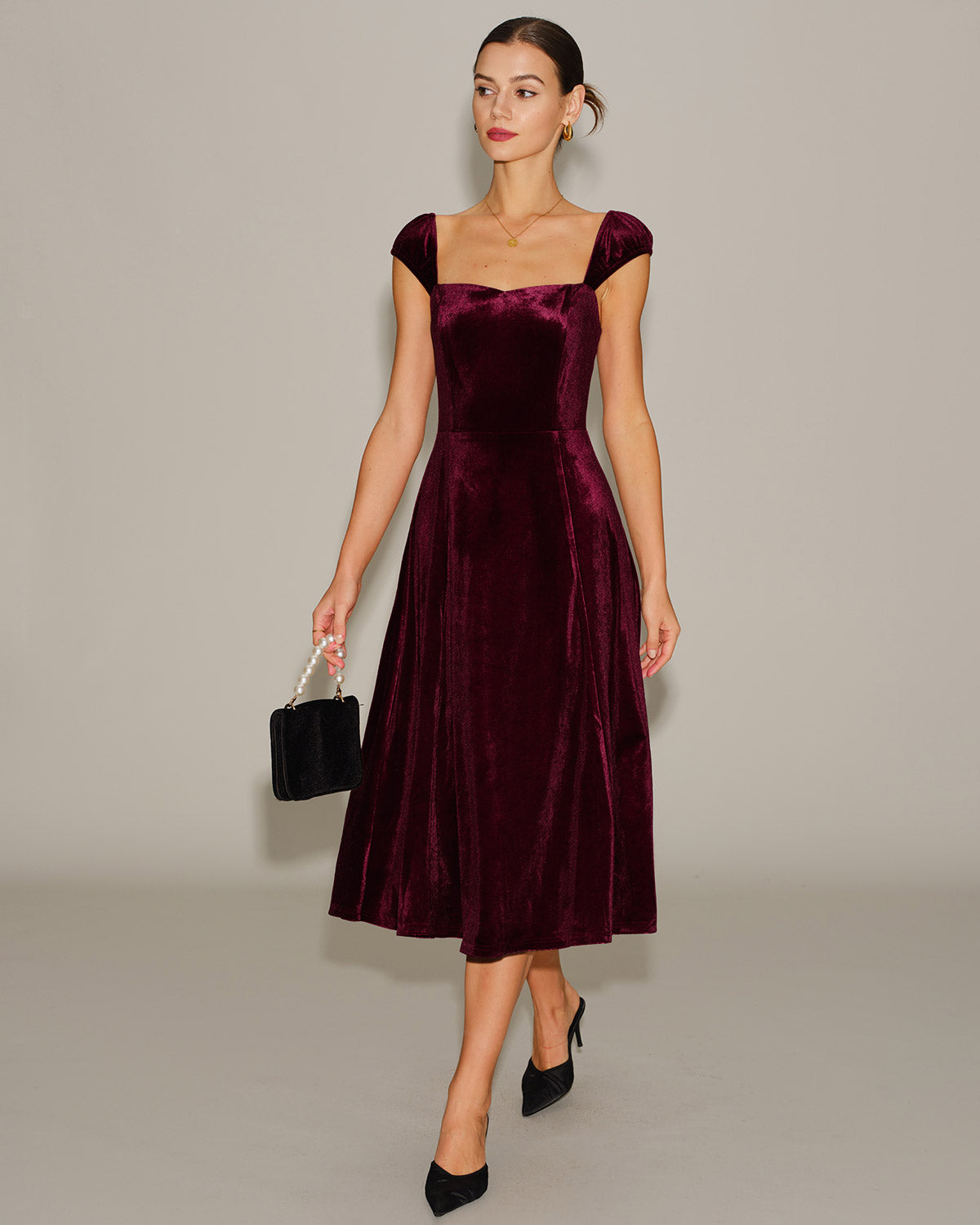 Red Velour Midi Dress with Sweetheart Neckline