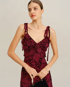 Red Floral Ruffled Midi Slip Dress