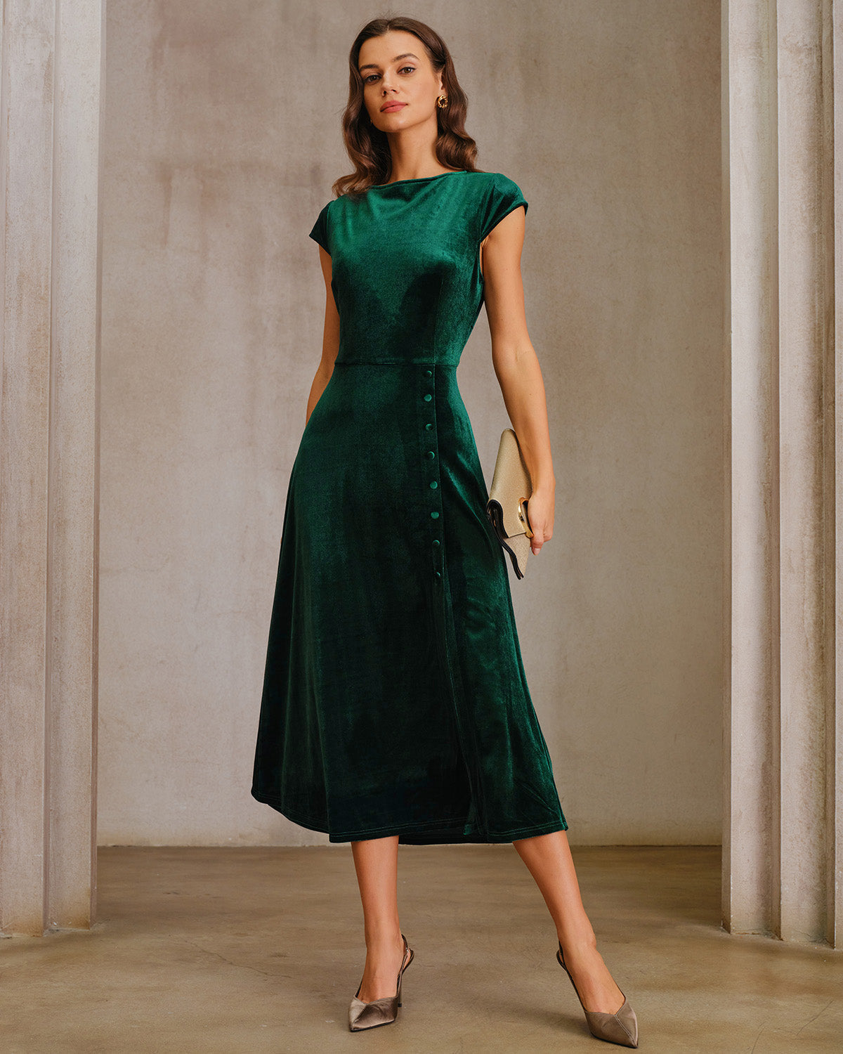 Emerald Velour A-Line Midi Dress