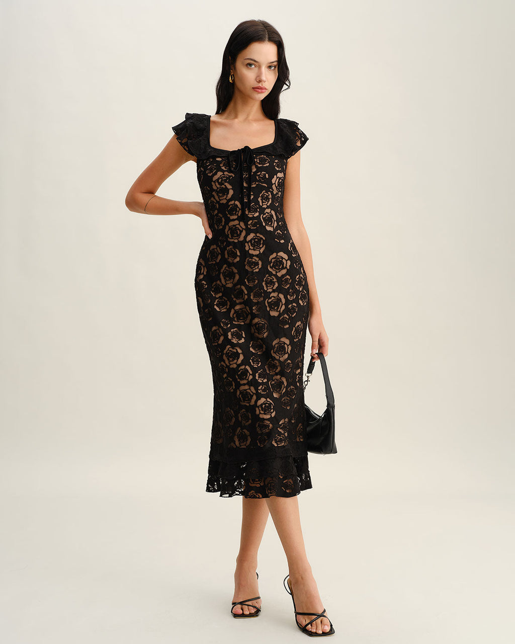 Textured Black Ruffle Mermaid Midi Dress
