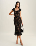 Textured Black Ruffle Mermaid Midi Dress