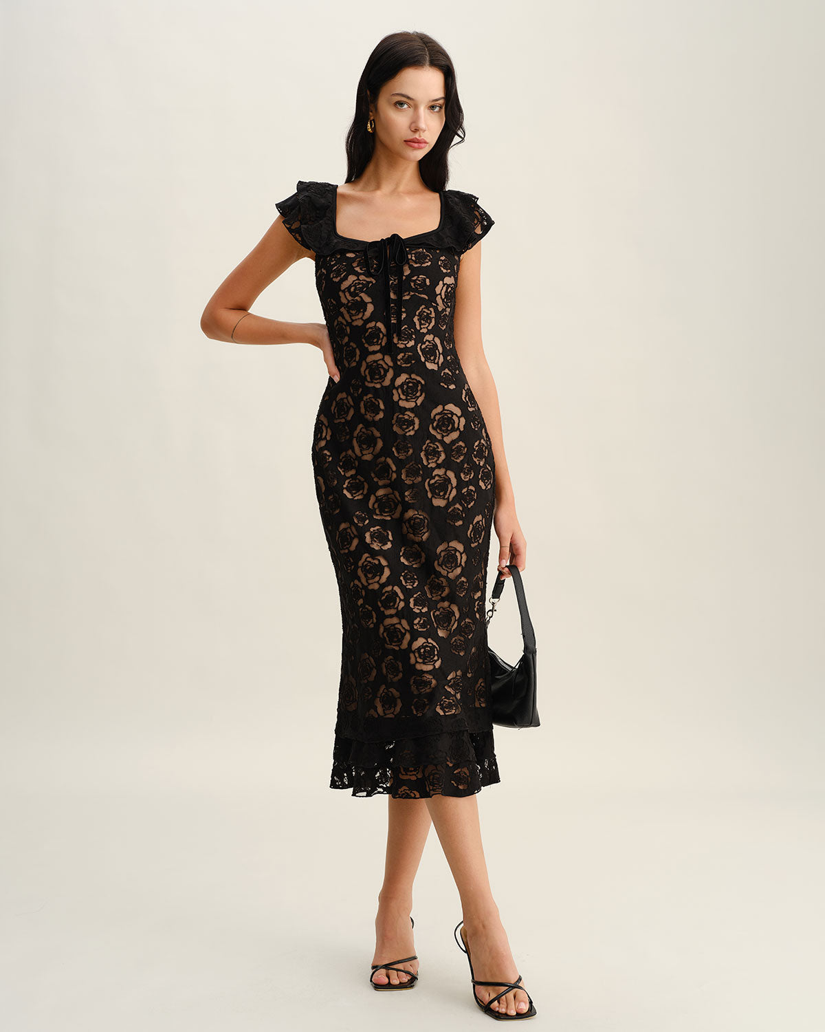 Textured Black Ruffle Mermaid Midi Dress