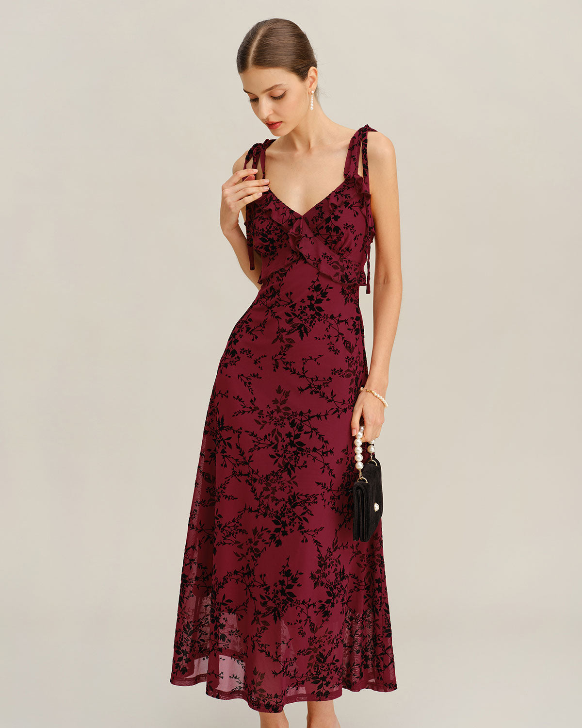 Red Floral Ruffled Midi Slip Dress