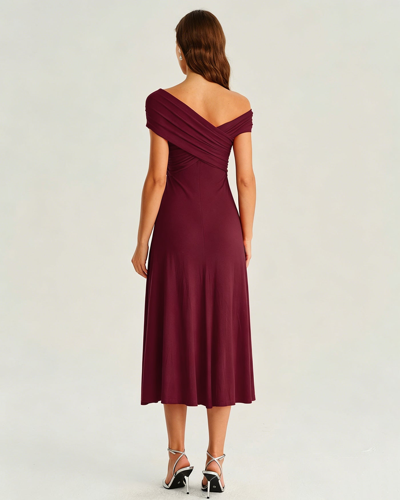 Wine Red Asymmetrical Ruched Midi Dress
