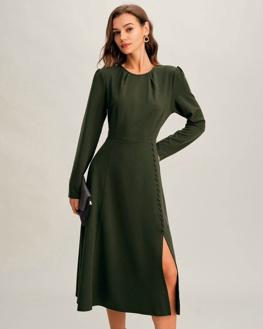 Green Ruched Midi Dress with A-Line Silhouette and Slit