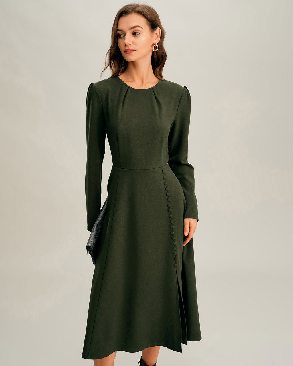 Green Ruched Midi Dress with A-Line Silhouette and Slit