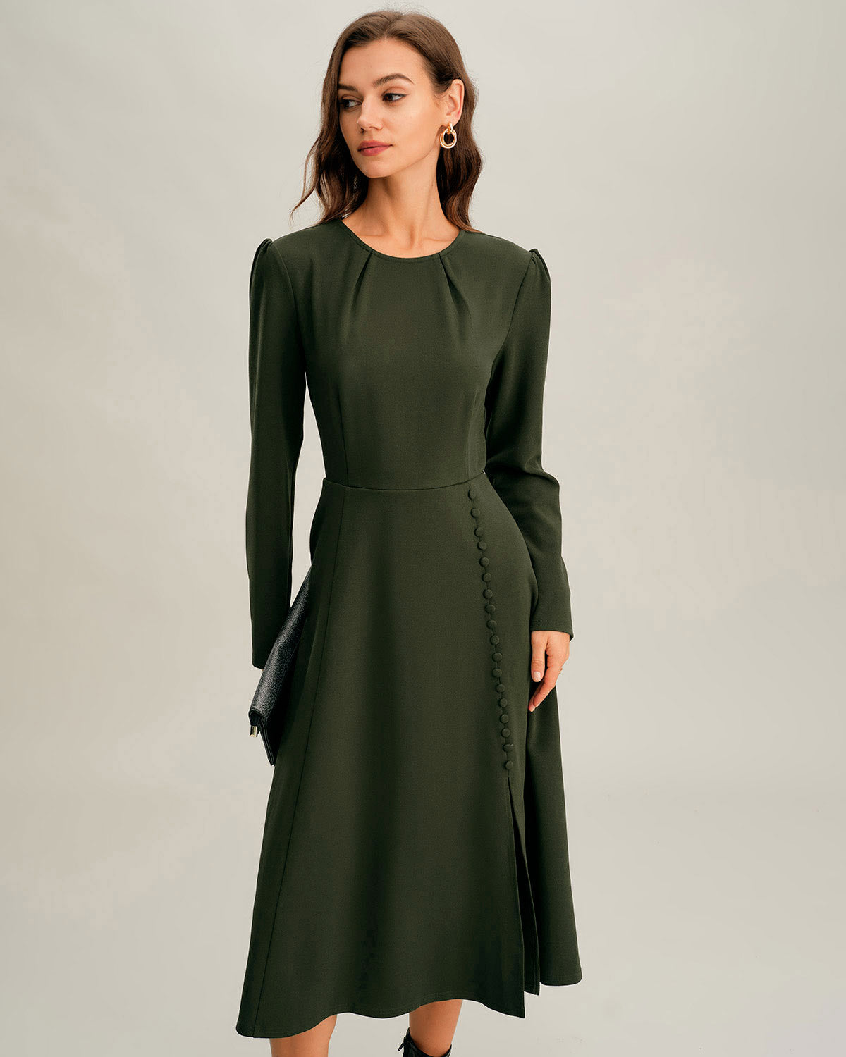 Green Ruched Midi Dress with A-Line Silhouette and Slit
