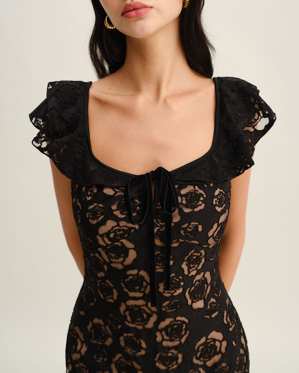 Textured Black Ruffle Mermaid Midi Dress