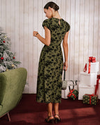 Floral Green A-Line Midi Dress with Cap Sleeves