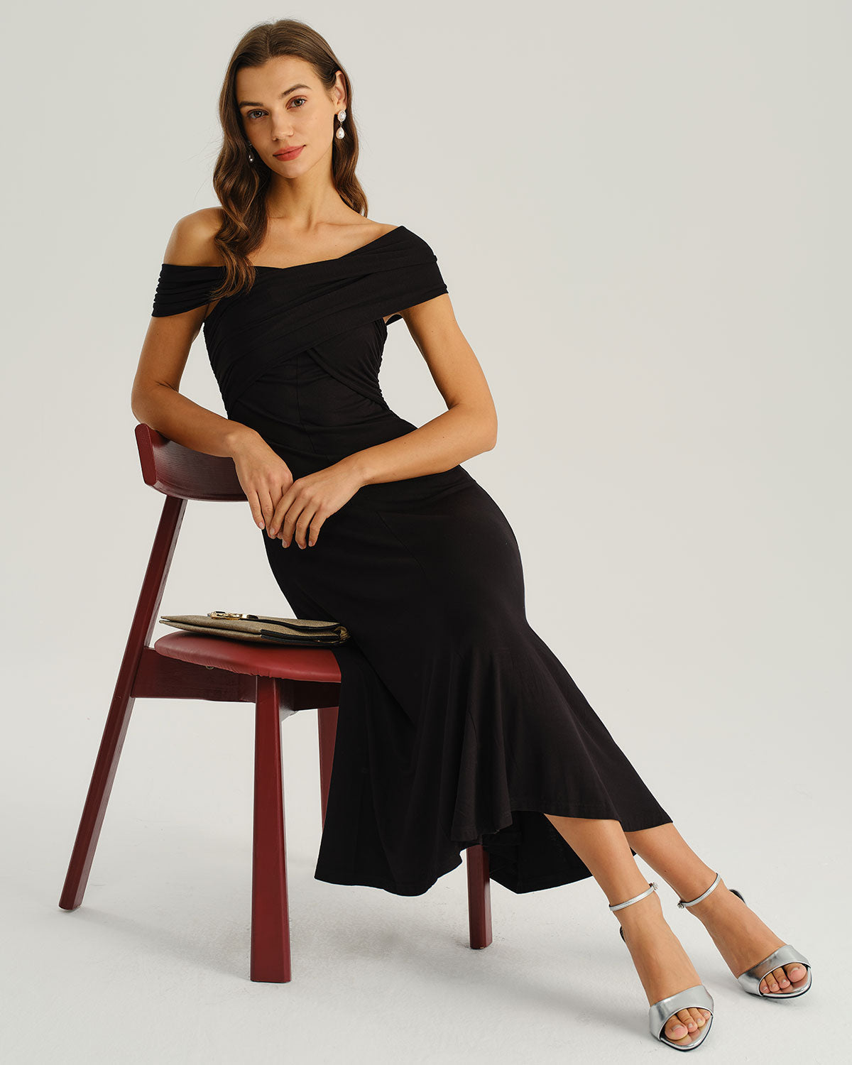 Black A-Line Midi Dress with One Shoulder Design