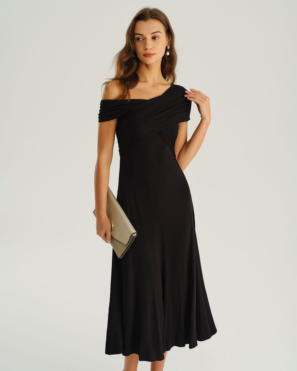 Black A-Line Midi Dress with One Shoulder Design