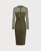 Emerald Ruched Midi Dress with Mock Neck