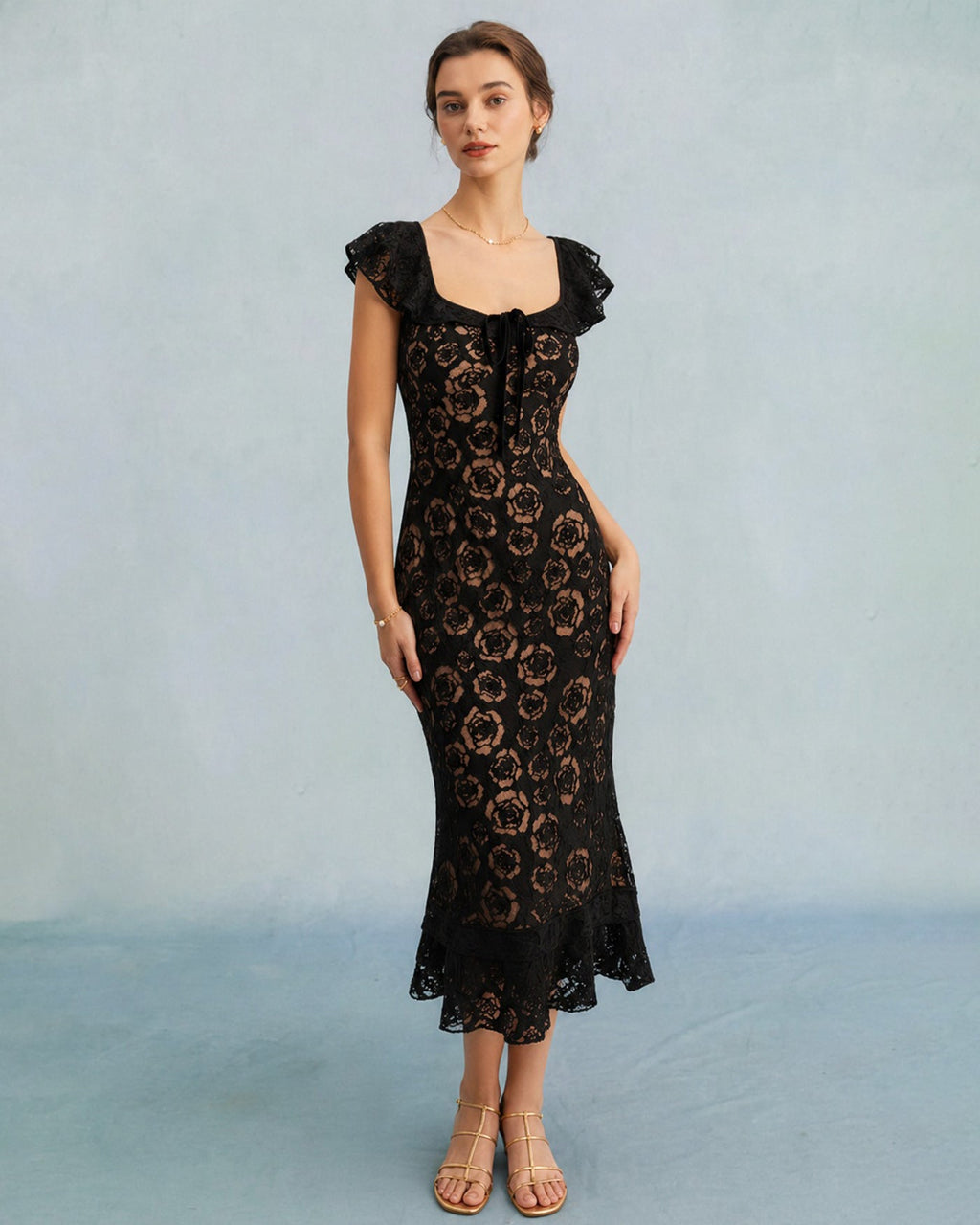 Textured Black Ruffle Mermaid Midi Dress