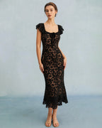 Textured Black Ruffle Mermaid Midi Dress