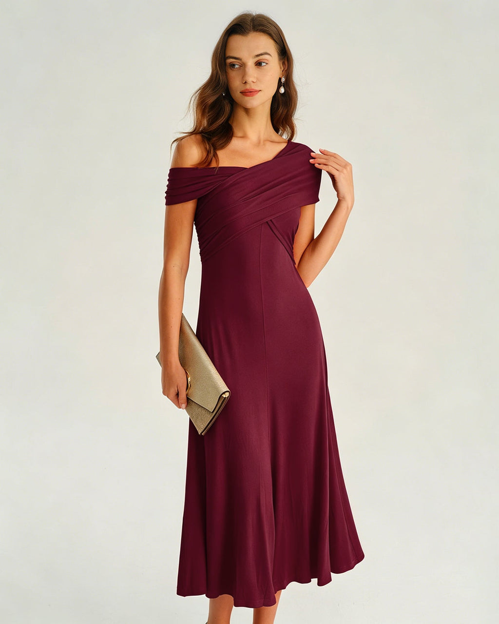 Wine Red Asymmetrical Ruched Midi Dress