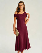Wine Red Asymmetrical Ruched Midi Dress