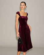 Red Velour Midi Dress with Sweetheart Neckline
