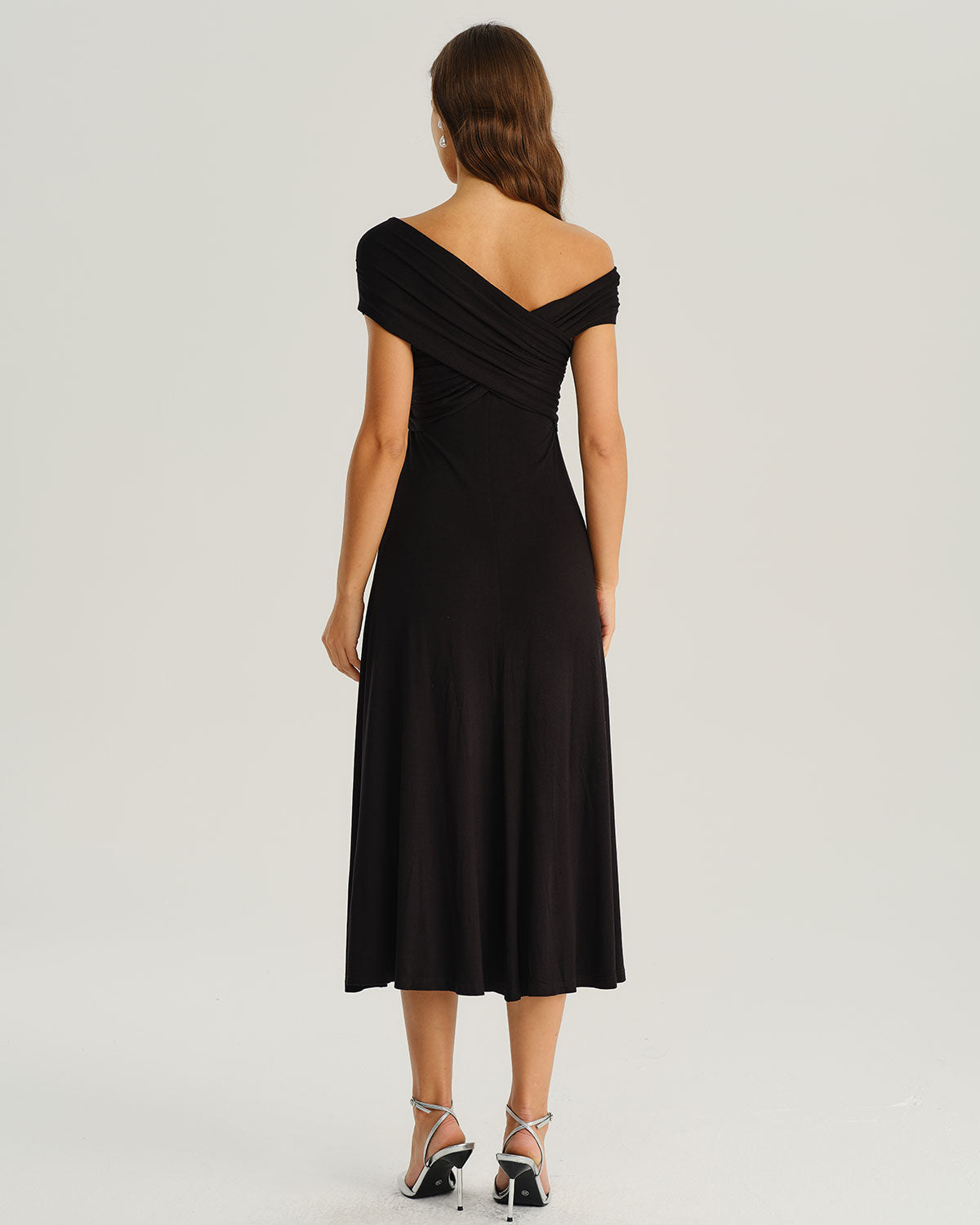 Black A-Line Midi Dress with One Shoulder Design