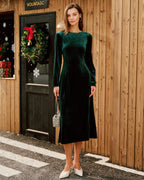 Emerald Velour Boat Neck Ruched Midi Dress