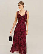 Red Floral Ruffled Midi Slip Dress