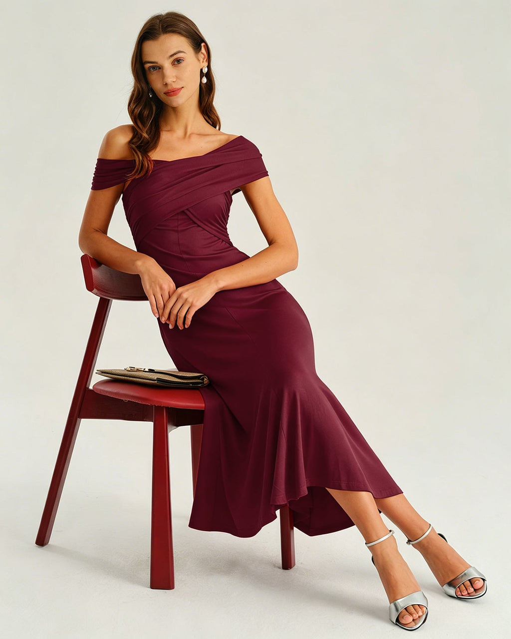 Wine Red Asymmetrical Ruched Midi Dress