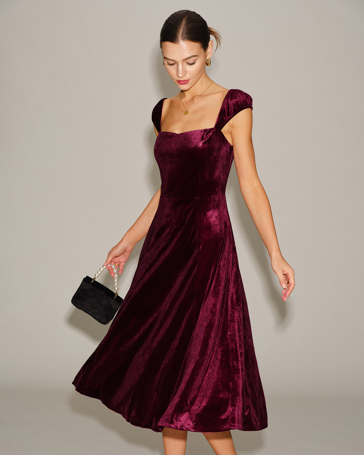 Red Velour Midi Dress with Sweetheart Neckline