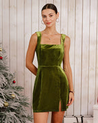 Emerald Velour Sleeveless Mini Dress with Side Slit