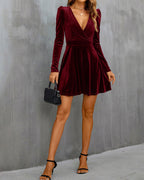 Wine Red Velour A-Line Mini Dress" can be rewritten as "A-Line Mini Dress in Luxurious Wine Red Velour.