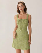Floral Print Green Mesh Mini Dress