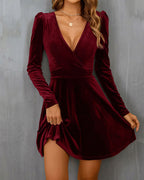 Wine Red Velour A-Line Mini Dress" can be rewritten as "A-Line Mini Dress in Luxurious Wine Red Velour.