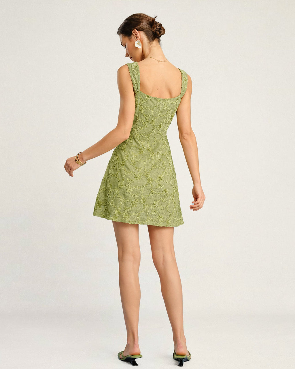 Floral Print Green Mesh Mini Dress