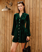 Emerald Velour Mini Dress with Lantern Sleeves