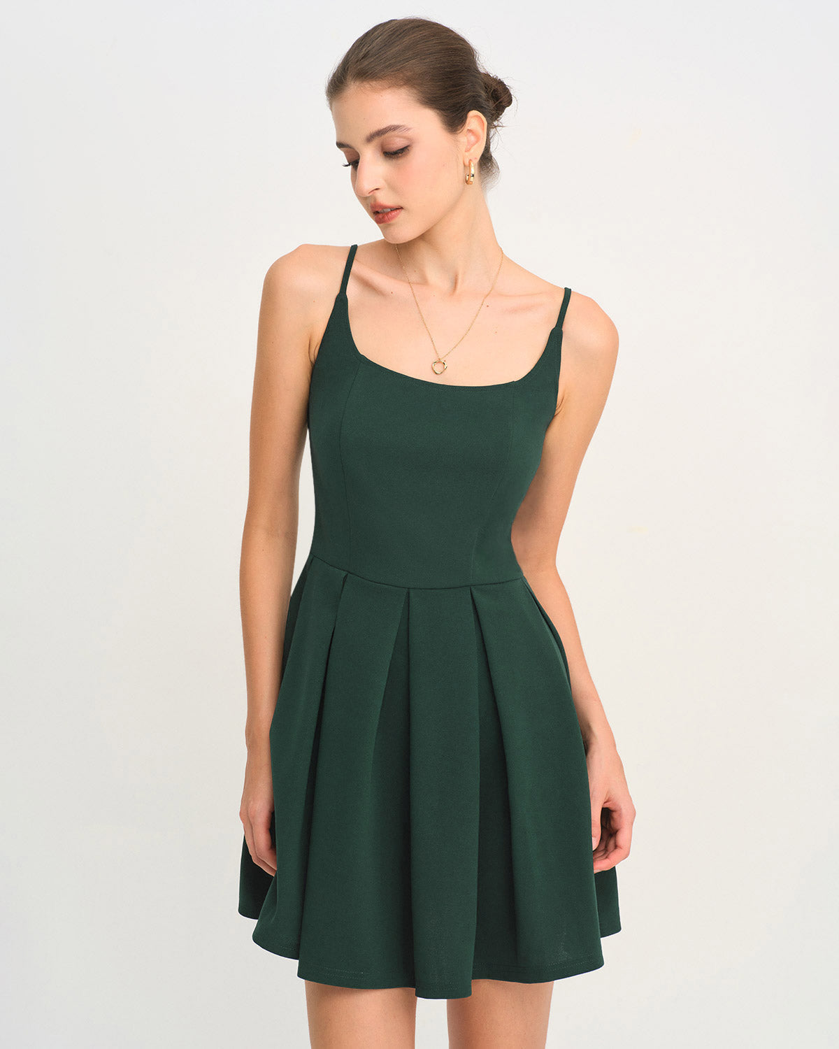 Green Pleated A-Line Mini Slip Dress