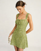 Floral Print Green Mesh Mini Dress