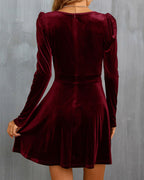 Wine Red Velour A-Line Mini Dress" can be rewritten as "A-Line Mini Dress in Luxurious Wine Red Velour.