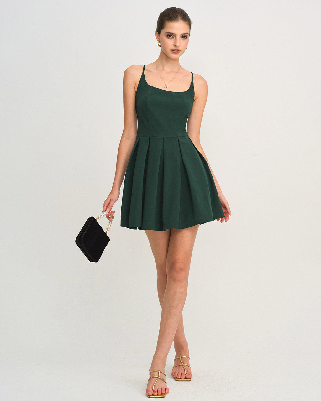 Green Pleated A-Line Mini Slip Dress