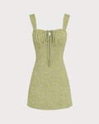 Floral Print Green Mesh Mini Dress