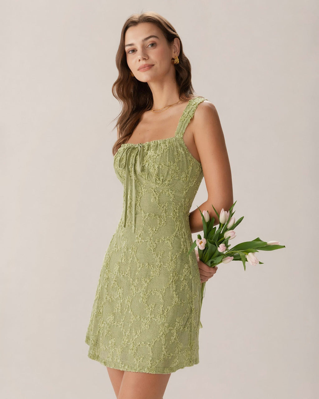 Floral Print Green Mesh Mini Dress