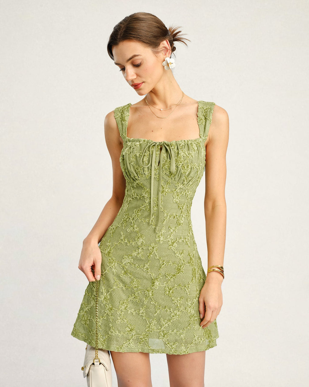 Floral Print Green Mesh Mini Dress