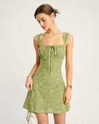 Floral Print Green Mesh Mini Dress