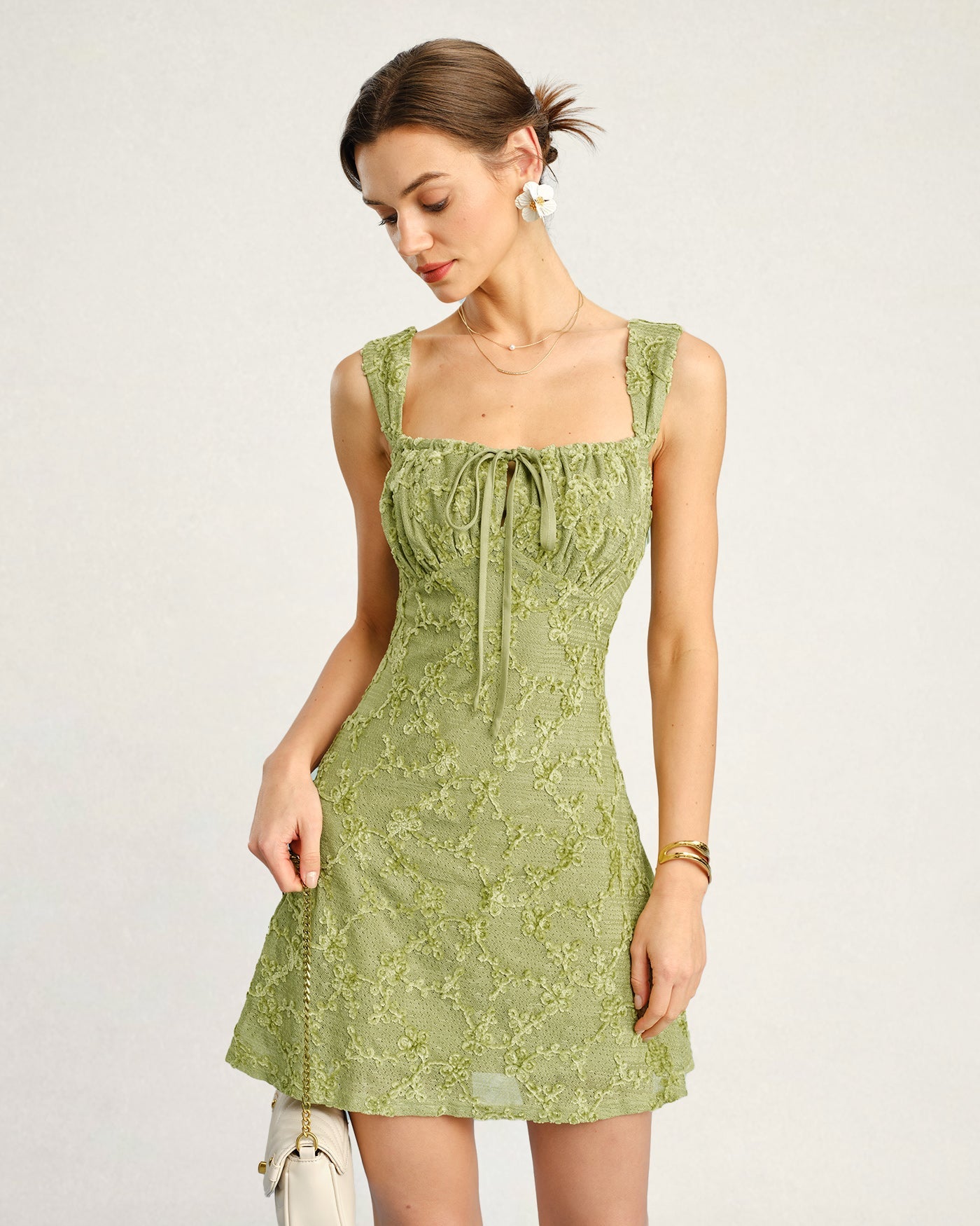 Floral Print Green Mesh Mini Dress