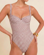 Coffee Plaid Underwire Swimsuit
