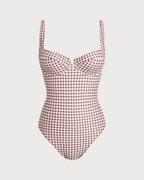 Coffee Plaid Underwire Swimsuit