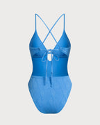 Textured Blue Bralette One-Piece Swimsuit