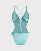 Textured Blue Bralette One-Piece Swimsuit
