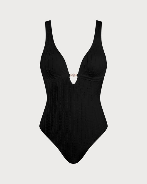 Black V-Neck Cutout One-Piece Swimsuit