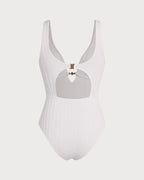Textured White Cut-Out One-Piece Swimsuit