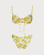 Floral Bralette Bikini Set in Light Yellow with O-Ring Detail